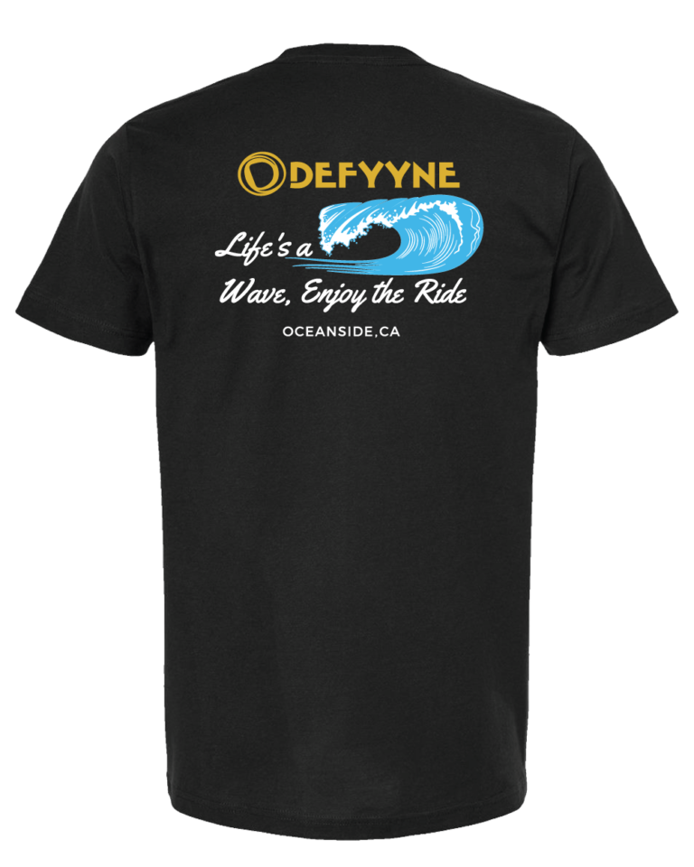 a surf wave with text saying life's a wave enjoy the ride oceanside, ca on a black t-shirt