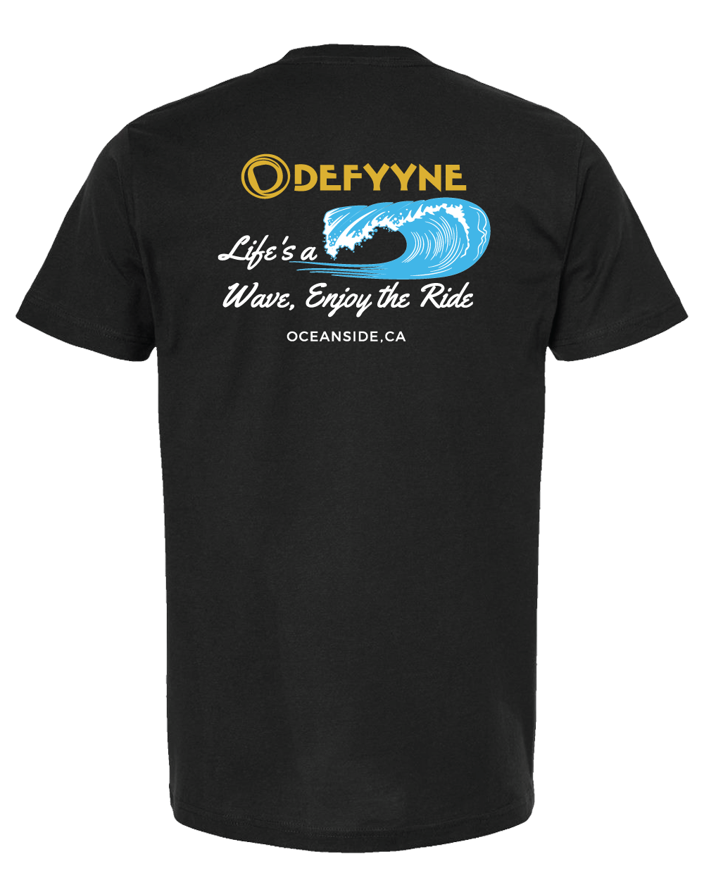 a surf wave with text saying life's a wave enjoy the ride oceanside, ca on a black t-shirt